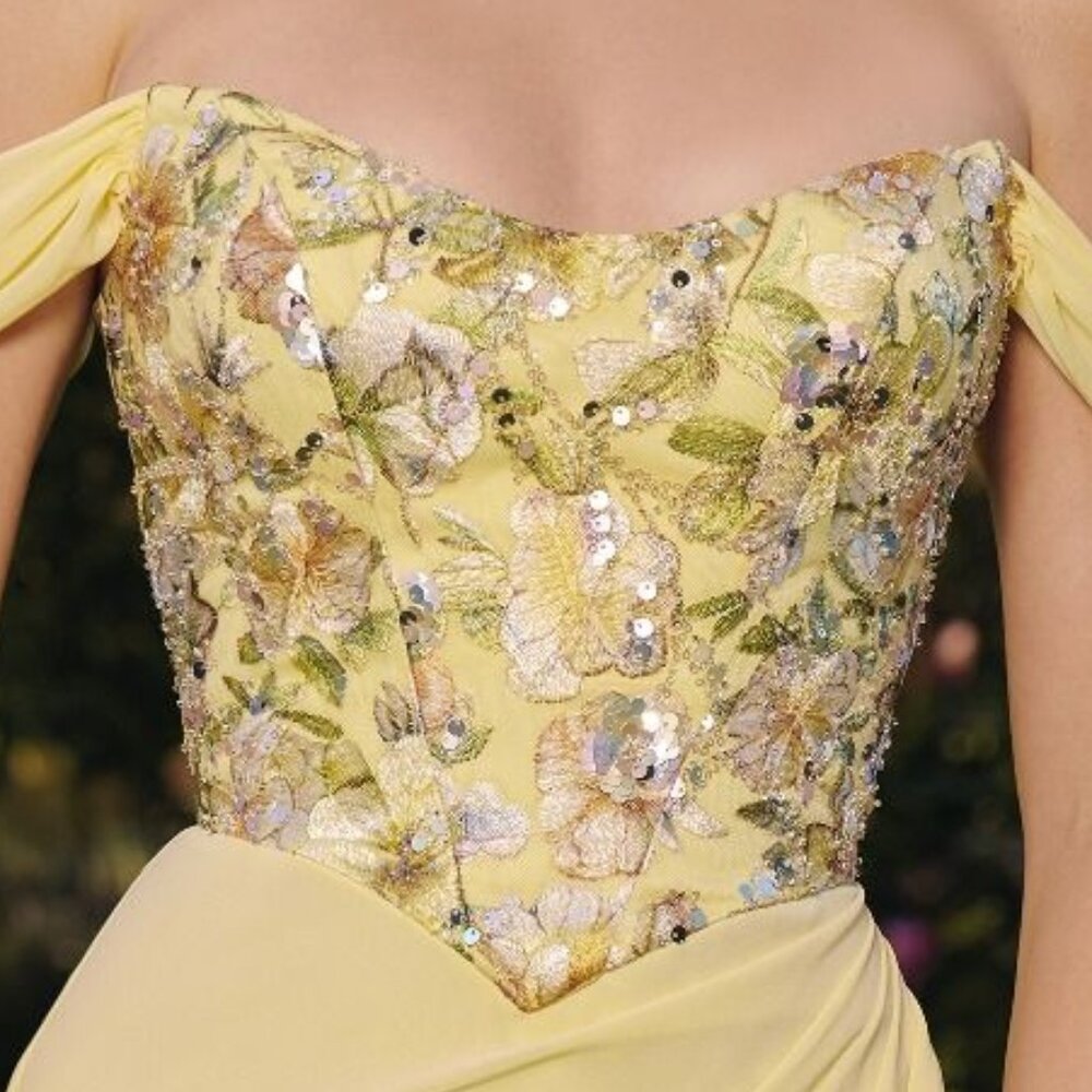 New LT Yellow Off The Shoulder Long Floral Chiffon Gown w/ Lace Up Back CD T721 - Picture 5 of 11